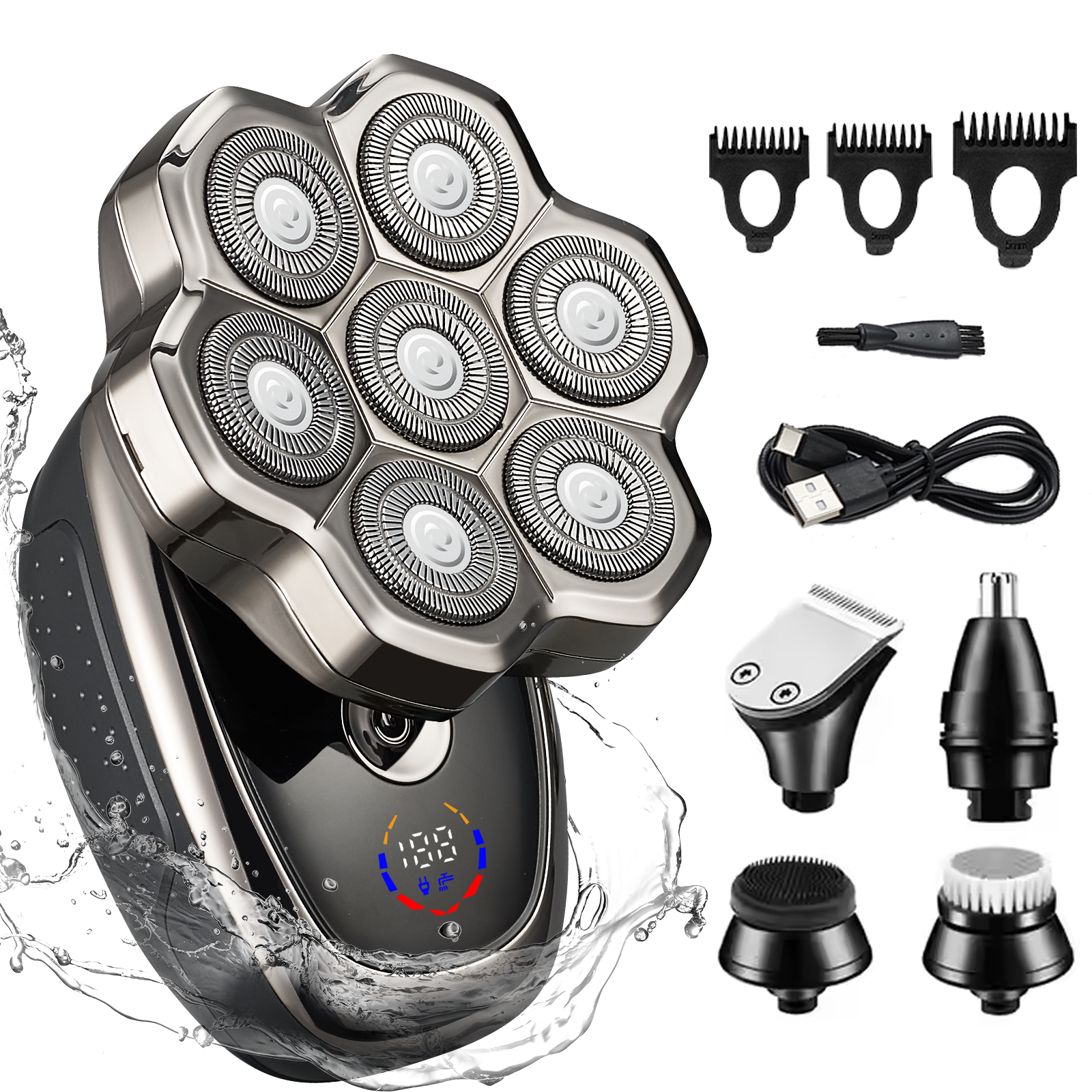 7D Floating Head Electric Shaver for Men – Waterproof Multifunction Grooming Kit with Beard Trimmer, Nose Hair Trimmer & Facial Brush
